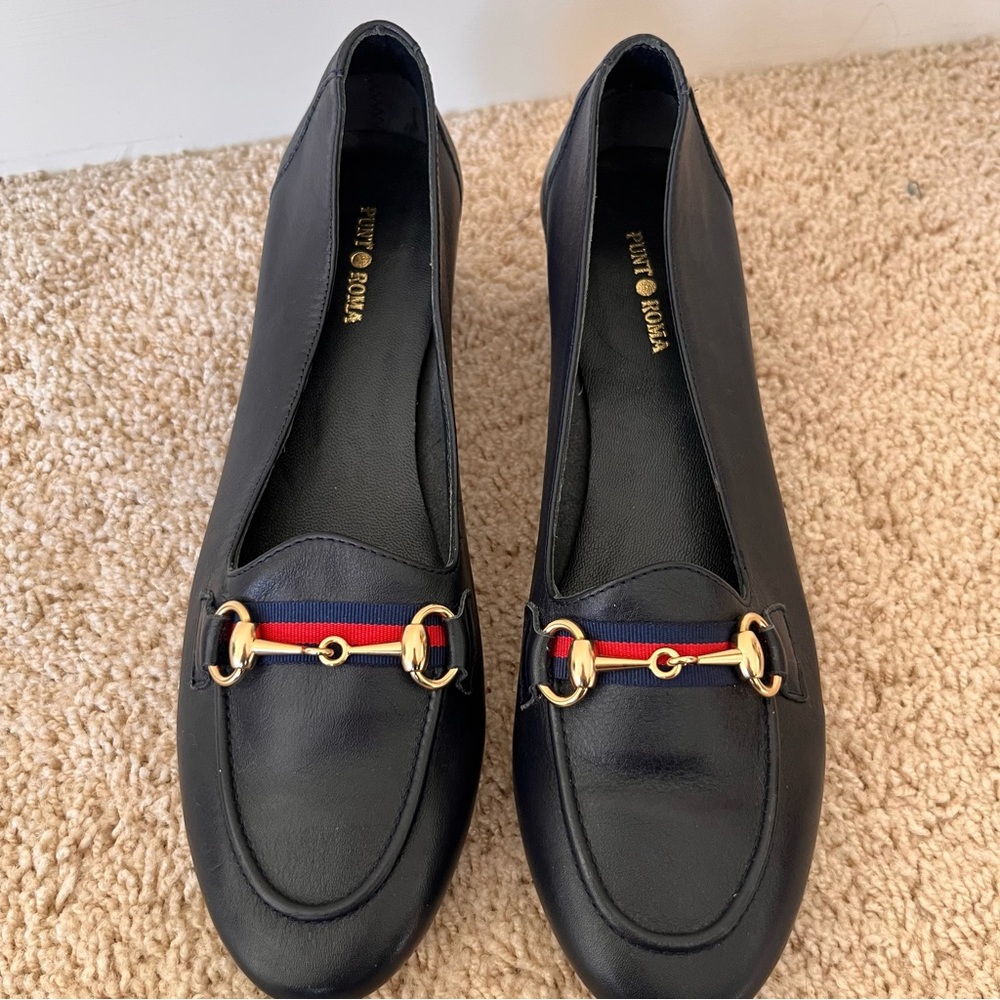 Punt Roma Heeled Loafers Size 41 Leather Navy Blue Preppy Classic Academia NWOB - Picture 2 of 10